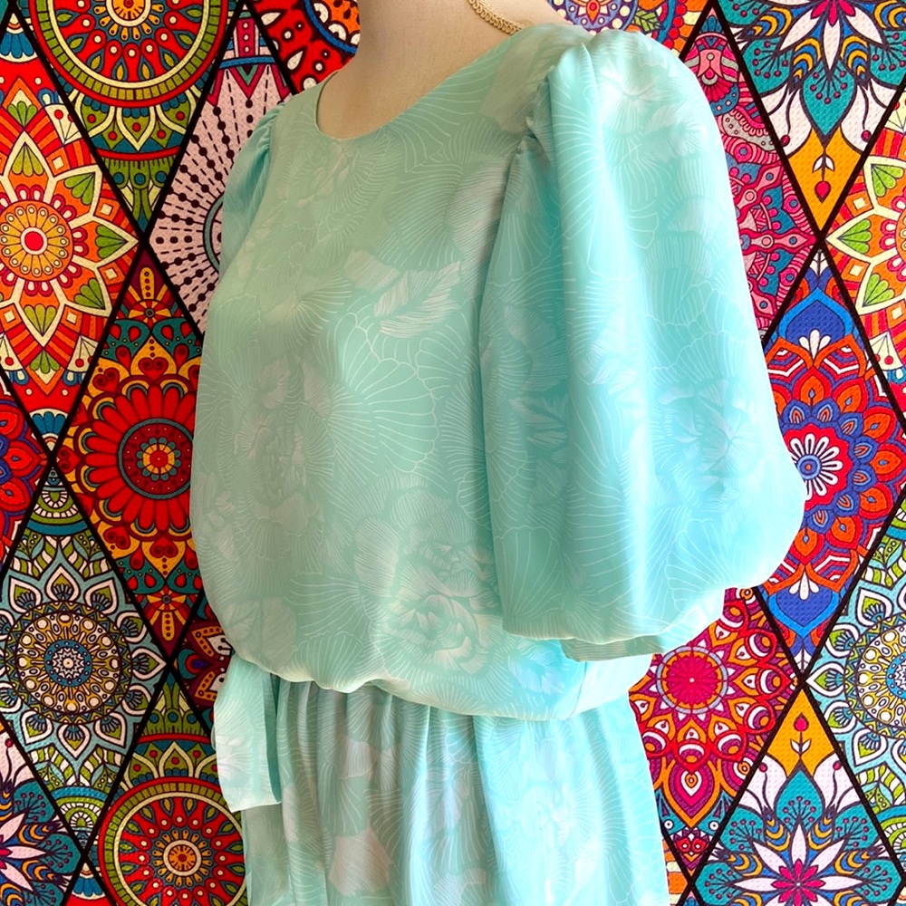 Vintage 1980s Baby Blue Puff Sleeve Blouson Dress Sz 12 - Picture 5 of 12